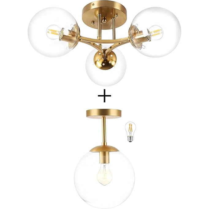 Globe Semi Flush Mount Ceiling Light Clear Glass with Brass Finish＆3 Lights Mid Century Modern Ceiling Light Clear Globe Semi Flush Mount Ceiling Light for Living Room Dining Room Bedroom