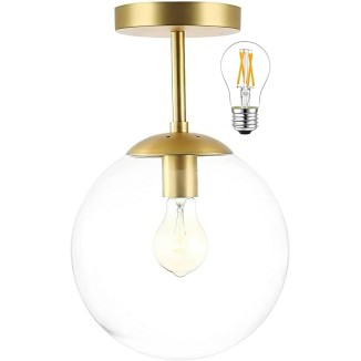 Globe Semi Flush Mount Ceiling Light Clear Glass with Brass Finish＆3 Lights Mid Century Modern Ceiling Light Clear Globe Semi Flush Mount Ceiling Light for Living Room Dining Room Bedroom