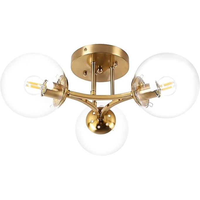 Globe Semi Flush Mount Ceiling Light Clear Glass with Brass Finish＆3 Lights Mid Century Modern Ceiling Light Clear Globe Semi Flush Mount Ceiling Light for Living Room Dining Room Bedroom