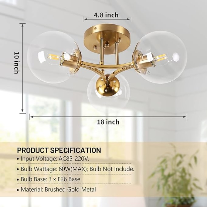 Globe Semi Flush Mount Ceiling Light Clear Glass with Brass Finish＆3 Lights Mid Century Modern Ceiling Light Clear Globe Semi Flush Mount Ceiling Light for Living Room Dining Room Bedroom