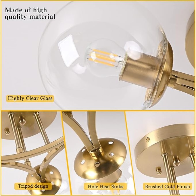 Globe Semi Flush Mount Ceiling Light Clear Glass with Brass Finish＆3 Lights Mid Century Modern Ceiling Light Clear Globe Semi Flush Mount Ceiling Light for Living Room Dining Room Bedroom