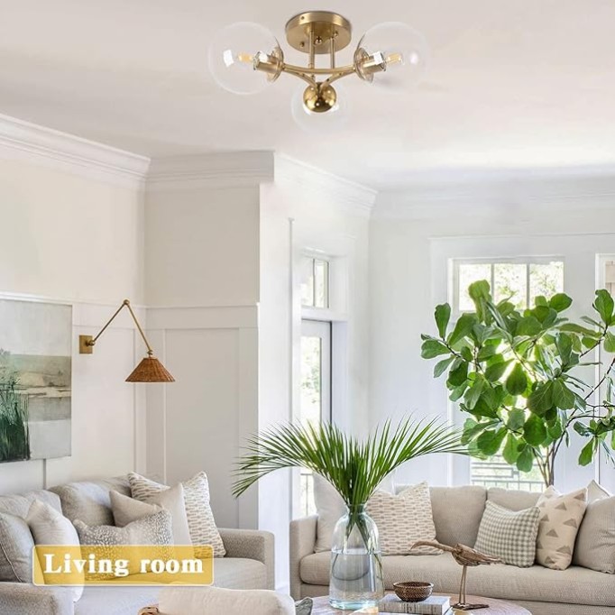 Globe Semi Flush Mount Ceiling Light Clear Glass with Brass Finish＆3 Lights Mid Century Modern Ceiling Light Clear Globe Semi Flush Mount Ceiling Light for Living Room Dining Room Bedroom
