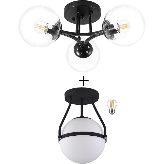 Black Mid Century Modern Ceiling Light Clear Globe Semi Flush Mount Ceiling Light Clear Glass Black Chandeliers＆Globe Ceiling Light Fixture with Milk Glass Shade Matte Black Finish Hallway
