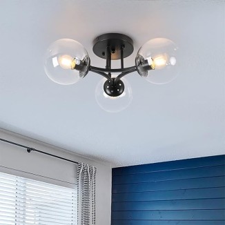 Black Mid Century Modern Ceiling Light Clear Globe Semi Flush Mount Ceiling Light Clear Glass Black Chandeliers＆Globe Ceiling Light Fixture with Milk Glass Shade Matte Black Finish Hallway