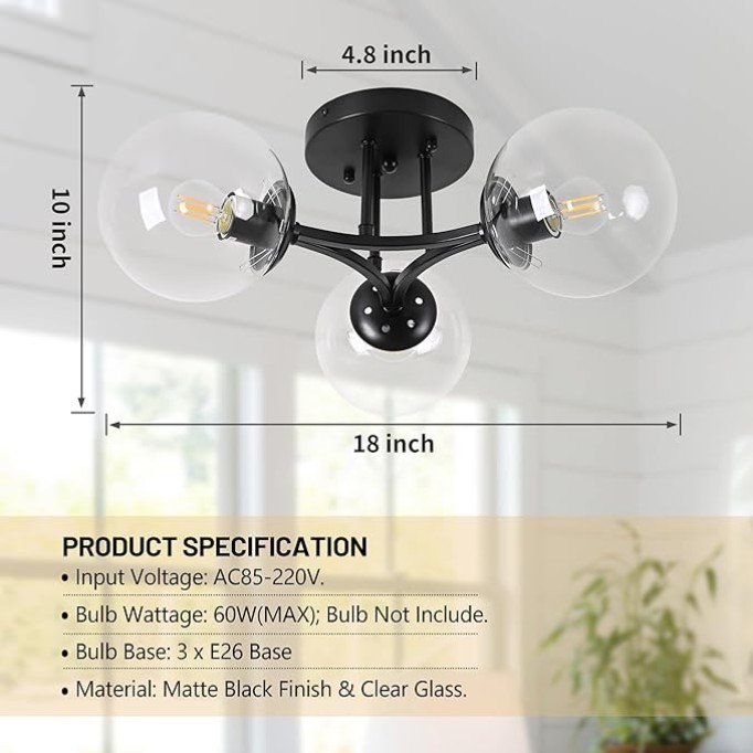 Black Mid Century Modern Ceiling Light Clear Globe Semi Flush Mount Ceiling Light Clear Glass Black Chandeliers＆Globe Ceiling Light Fixture with Milk Glass Shade Matte Black Finish Hallway