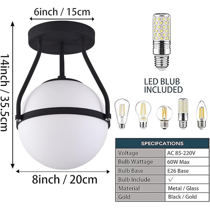 Black Mid Century Modern Ceiling Light Clear Globe Semi Flush Mount Ceiling Light Clear Glass Black Chandeliers＆Globe Ceiling Light Fixture with Milk Glass Shade Matte Black Finish Hallway