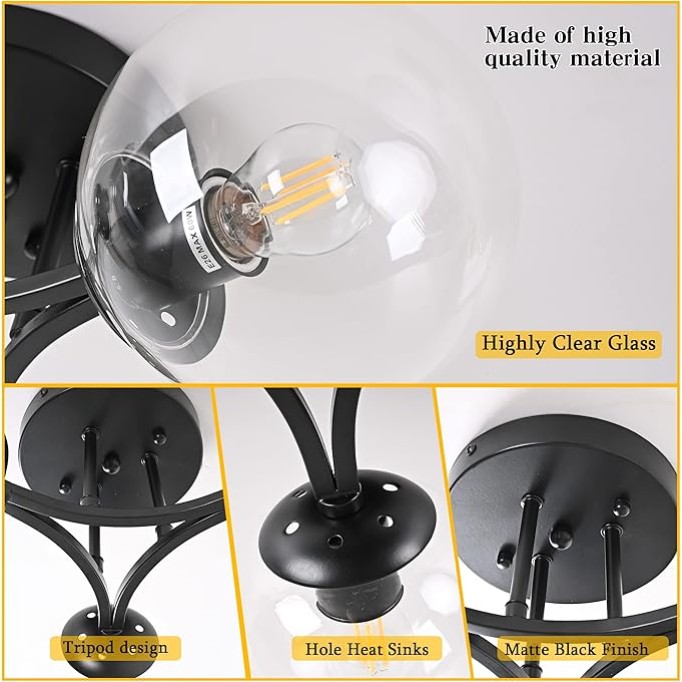 Black Mid Century Modern Ceiling Light Clear Globe Semi Flush Mount Ceiling Light Clear Glass Black Chandeliers＆Globe Ceiling Light Fixture with Milk Glass Shade Matte Black Finish Hallway