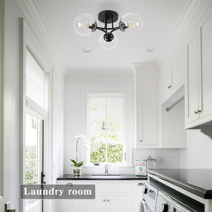 Black Mid Century Modern Ceiling Light Clear Globe Semi Flush Mount Ceiling Light Clear Glass Black Chandeliers＆Globe Ceiling Light Fixture with Milk Glass Shade Matte Black Finish Hallway