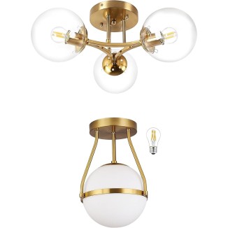 Gold Mid Century Modern Ceiling Light Clear Globe Semi Flush Mount Ceiling Light＆Mid Century Modern Globe Ceiling Light Fixture with Milk Glass Shade Brass Finish for Living Room Hallway