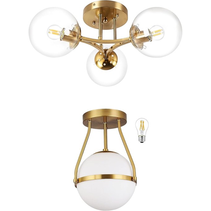 Gold Mid Century Modern Ceiling Light Clear Globe Semi Flush Mount Ceiling Light＆Mid Century Modern Globe Ceiling Light Fixture with Milk Glass Shade Brass Finish for Living Room Hallway