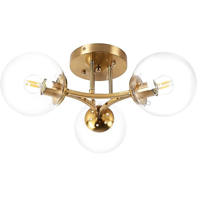 Gold Mid Century Modern Ceiling Light Clear Globe Semi Flush Mount Ceiling Light＆Mid Century Modern Globe Ceiling Light Fixture with Milk Glass Shade Brass Finish for Living Room Hallway