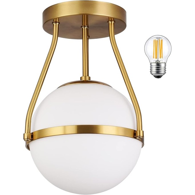 Gold Mid Century Modern Ceiling Light Clear Globe Semi Flush Mount Ceiling Light＆Mid Century Modern Globe Ceiling Light Fixture with Milk Glass Shade Brass Finish for Living Room Hallway