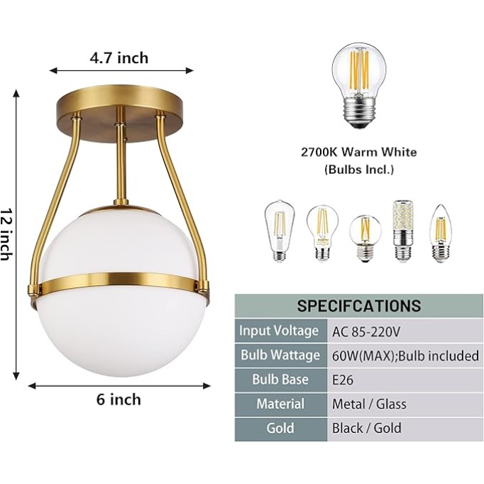 Gold Mid Century Modern Ceiling Light Clear Globe Semi Flush Mount Ceiling Light＆Mid Century Modern Globe Ceiling Light Fixture with Milk Glass Shade Brass Finish for Living Room Hallway