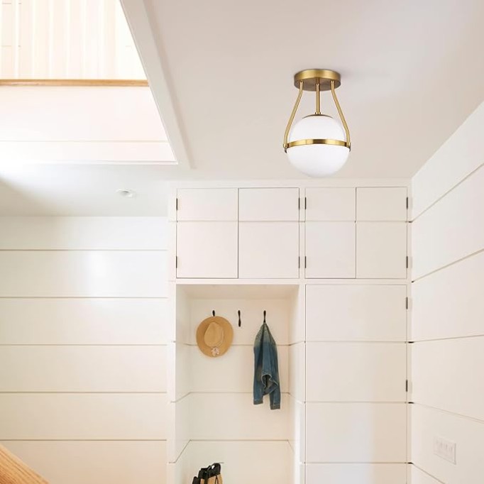 Gold Mid Century Modern Ceiling Light Clear Globe Semi Flush Mount Ceiling Light＆Mid Century Modern Globe Ceiling Light Fixture with Milk Glass Shade Brass Finish for Living Room Hallway