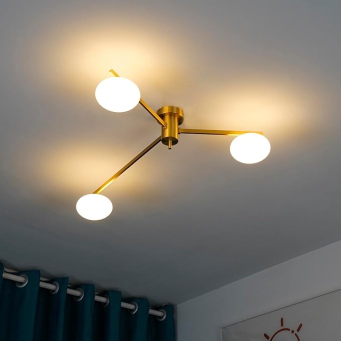 Glass Semi Flush Mount Ceiling Light, Modern Sputnik Chandelier, Bubble Ball Ceiling Light Fixture for Bedroom, Hallway (Gold, 3 Lights)