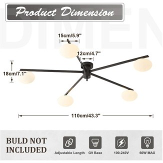5 Lights Mid Century Modern Black Sputnik Semi Flush Mount Ceiling Light Vintage Glass Close to Ceiling Light Fixtures Industrial Metal Ceiling Chandelier Glass Globe Hall Light MCL05-BK