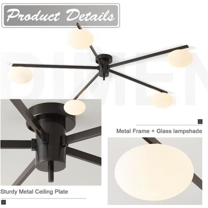 5 Lights Mid Century Modern Black Sputnik Semi Flush Mount Ceiling Light Vintage Glass Close to Ceiling Light Fixtures Industrial Metal Ceiling Chandelier Glass Globe Hall Light MCL05-BK