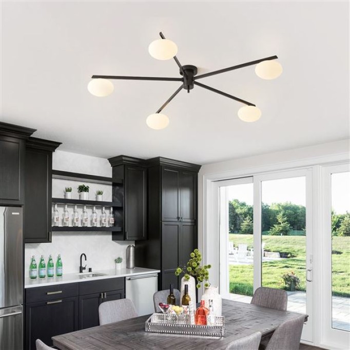 5 Lights Mid Century Modern Black Sputnik Semi Flush Mount Ceiling Light Vintage Glass Close to Ceiling Light Fixtures Industrial Metal Ceiling Chandelier Glass Globe Hall Light MCL05-BK