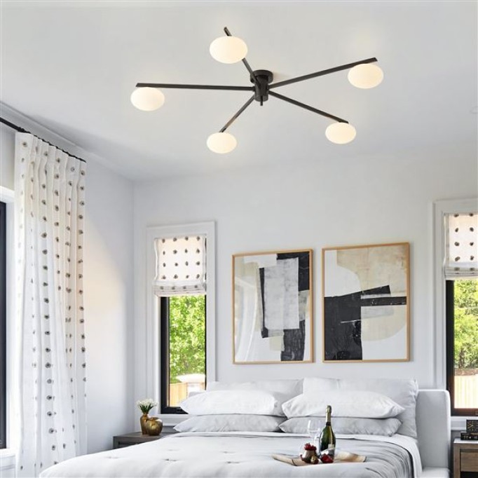 5 Lights Mid Century Modern Black Sputnik Semi Flush Mount Ceiling Light Vintage Glass Close to Ceiling Light Fixtures Industrial Metal Ceiling Chandelier Glass Globe Hall Light MCL05-BK