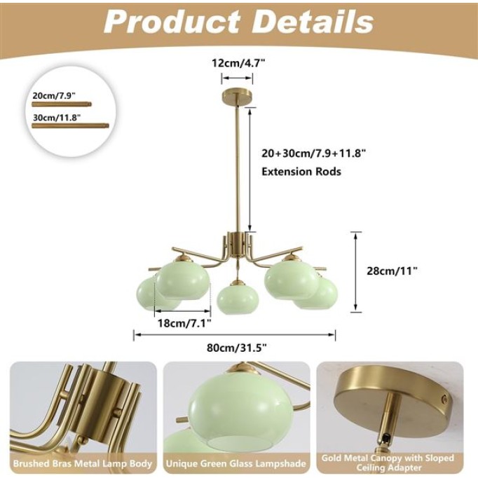 Lighting Green Glass Pendant Light 5 Light Large Globe Chandelier Brushed Brass Sputnik Chandelier Mid Century Modern Chandelier Light Fixture for Dining Room Bedroom