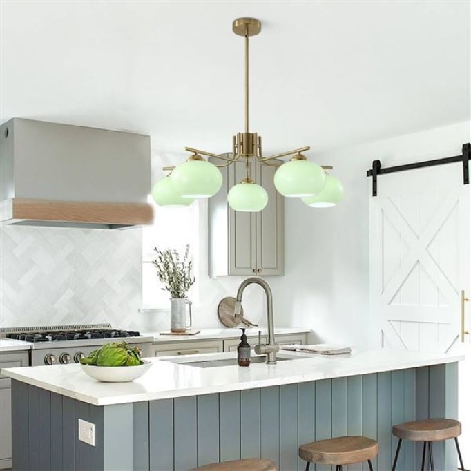 Lighting Green Glass Pendant Light 5 Light Large Globe Chandelier Brushed Brass Sputnik Chandelier Mid Century Modern Chandelier Light Fixture for Dining Room Bedroom
