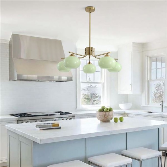 Lighting Green Glass Pendant Light 5 Light Large Globe Chandelier Brushed Brass Sputnik Chandelier Mid Century Modern Chandelier Light Fixture for Dining Room Bedroom