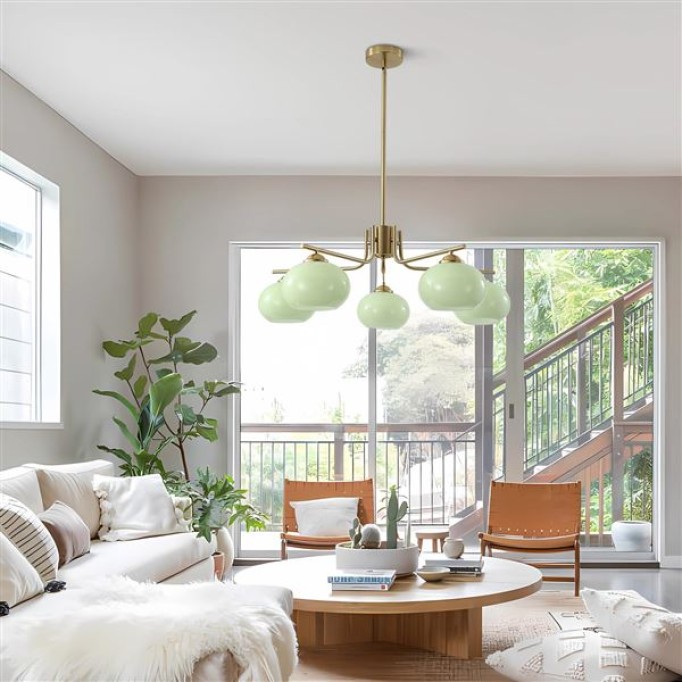 Lighting Green Glass Pendant Light 5 Light Large Globe Chandelier Brushed Brass Sputnik Chandelier Mid Century Modern Chandelier Light Fixture for Dining Room Bedroom