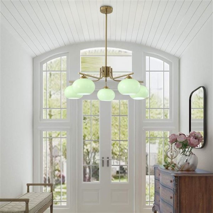 Lighting Green Glass Pendant Light 5 Light Large Globe Chandelier Brushed Brass Sputnik Chandelier Mid Century Modern Chandelier Light Fixture for Dining Room Bedroom