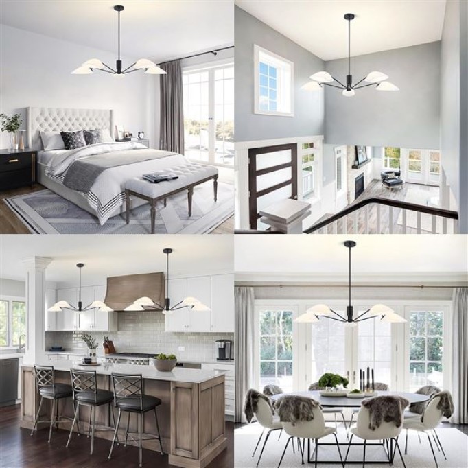 Modern Glass Chandeliers, Sputnik Chandelier Black Pendant Lighting Fixture Glass Shade Ceiling Light for Dining Room Kitchen Island