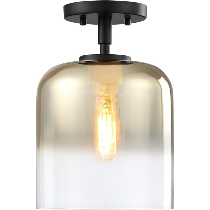 Gatsby 8.5 inch 1-Light Matte Black Mid-Century Modern Semi Flush Mount Ceiling Light with Gold Ombre Shade for Bedrooms, D306M-SF-MB