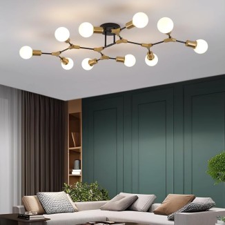 Modern Mid Centur Gold and Black Sputnik Semi Flush Mount Ceiling Lighting Fixture for Living Room Dining Room Bedroom Kitchen Office, Minimalist Metal 10 Light Chandelier