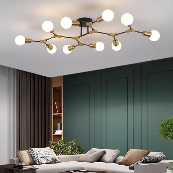 Modern Mid Centur Gold and Black Sputnik Semi Flush Mount Ceiling Lighting Fixture for Living Room Dining Room Bedroom Kitchen Office, Minimalist Metal 10 Light Chandelier