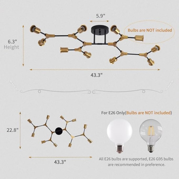 Modern Mid Centur Gold and Black Sputnik Semi Flush Mount Ceiling Lighting Fixture for Living Room Dining Room Bedroom Kitchen Office, Minimalist Metal 10 Light Chandelier