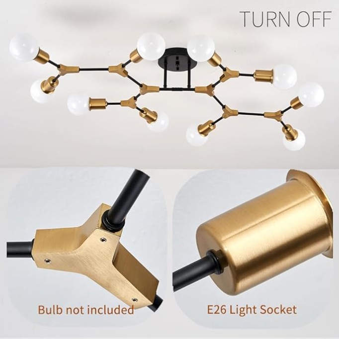 Modern Mid Centur Gold and Black Sputnik Semi Flush Mount Ceiling Lighting Fixture for Living Room Dining Room Bedroom Kitchen Office, Minimalist Metal 10 Light Chandelier