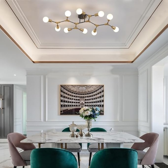 Modern Mid Centur Gold and Black Sputnik Semi Flush Mount Ceiling Lighting Fixture for Living Room Dining Room Bedroom Kitchen Office, Minimalist Metal 10 Light Chandelier