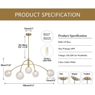 5 Light Gold Chandelier Ceiling Light Glass Bubble Chandelier Light Fixture Brushed Brass Chandelier Mid Century Modern Globe Chandelier Bedroom Semi Flush Mount Chandelier
