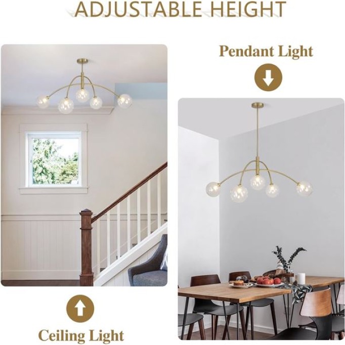 5 Light Gold Chandelier Ceiling Light Glass Bubble Chandelier Light Fixture Brushed Brass Chandelier Mid Century Modern Globe Chandelier Bedroom Semi Flush Mount Chandelier