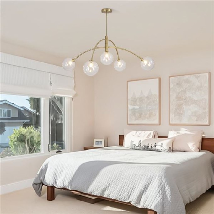 5 Light Gold Chandelier Ceiling Light Glass Bubble Chandelier Light Fixture Brushed Brass Chandelier Mid Century Modern Globe Chandelier Bedroom Semi Flush Mount Chandelier