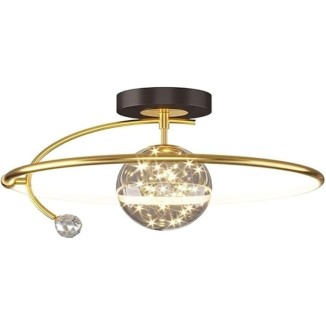Modern Semi Flush Mount Black Gold Ceiling Light Fixture Dimming LED Ring Chandelier Large Round Lamp Crystal String Glass Mid Century Close to Ceiling Lighting for Kitchen Bedroom Dining Room