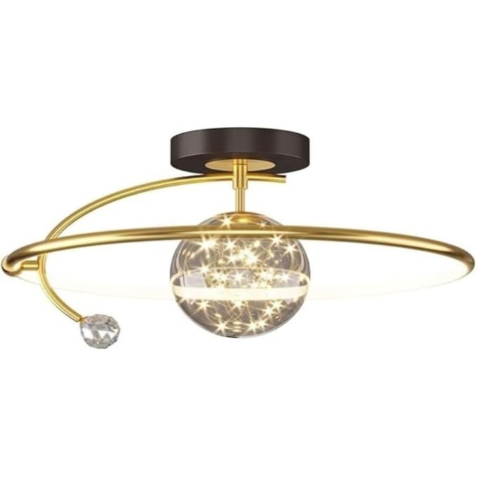Modern Semi Flush Mount Black Gold Ceiling Light Fixture Dimming LED Ring Chandelier Large Round Lamp Crystal String Glass Mid Century Close to Ceiling Lighting for Kitchen Bedroom Dining Room