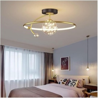 Modern Semi Flush Mount Black Gold Ceiling Light Fixture Dimming LED Ring Chandelier Large Round Lamp Crystal String Glass Mid Century Close to Ceiling Lighting for Kitchen Bedroom Dining Room