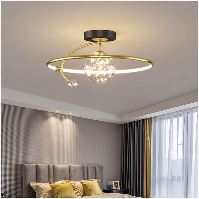 Modern Semi Flush Mount Black Gold Ceiling Light Fixture Dimming LED Ring Chandelier Large Round Lamp Crystal String Glass Mid Century Close to Ceiling Lighting for Kitchen Bedroom Dining Room