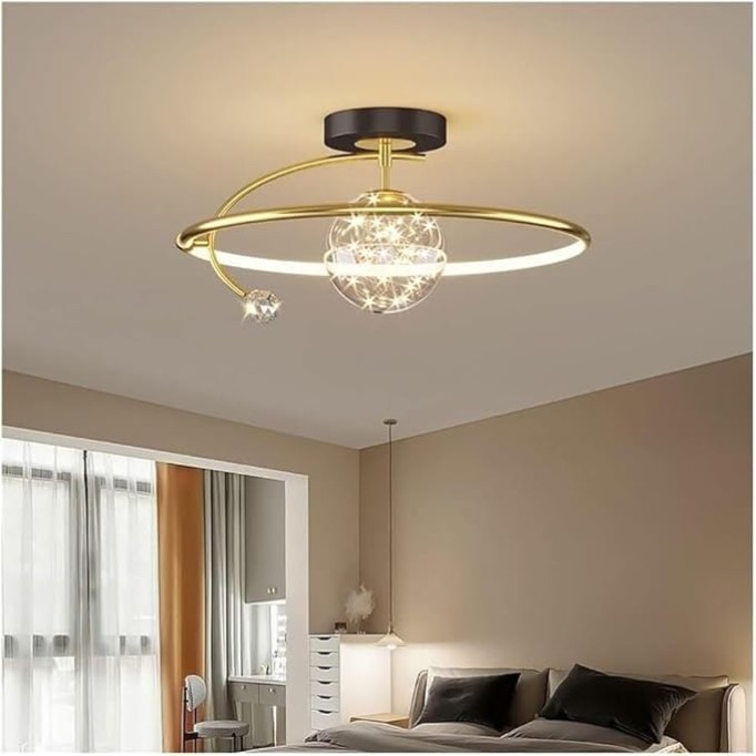 Modern Semi Flush Mount Black Gold Ceiling Light Fixture Dimming LED Ring Chandelier Large Round Lamp Crystal String Glass Mid Century Close to Ceiling Lighting for Kitchen Bedroom Dining Room