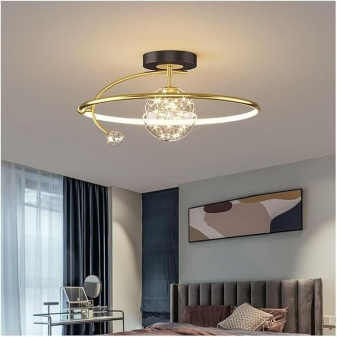 Modern Semi Flush Mount Black Gold Ceiling Light Fixture Dimming LED Ring Chandelier Large Round Lamp Crystal String Glass Mid Century Close to Ceiling Lighting for Kitchen Bedroom Dining Room