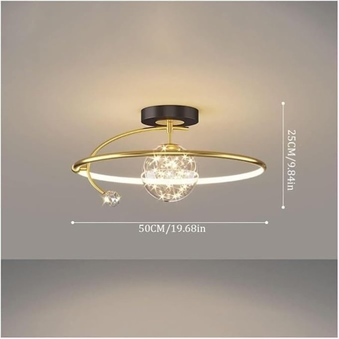 Modern Semi Flush Mount Black Gold Ceiling Light Fixture Dimming LED Ring Chandelier Large Round Lamp Crystal String Glass Mid Century Close to Ceiling Lighting for Kitchen Bedroom Dining Room