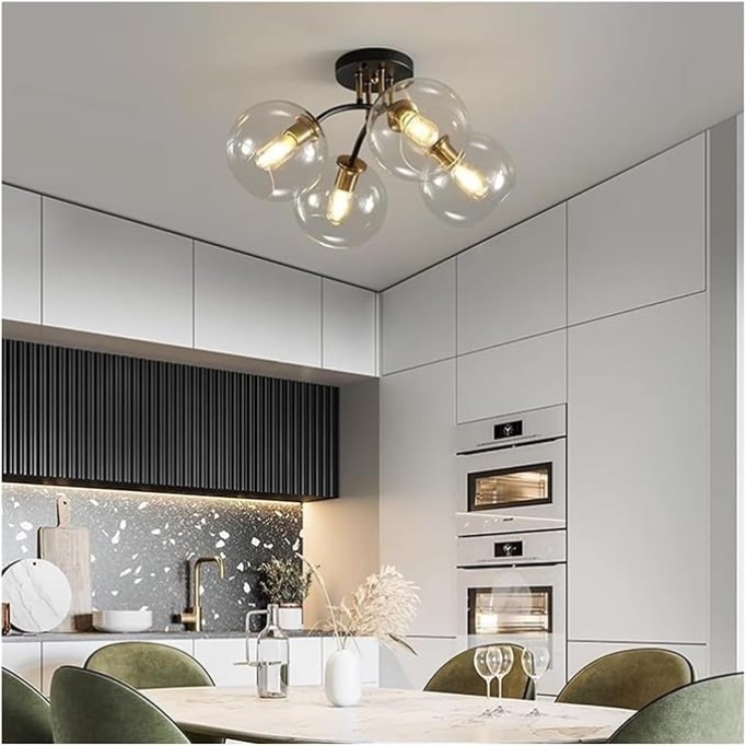 Lámpara Globe Semi Flush Mount Ceiling Light Fixture Mid Century Modern 4/6 Lights Glass Ceiling Light Vintage Black Gold Lighting Fixture Chandelier for Bedroom Kitchen Dining Room Corridor