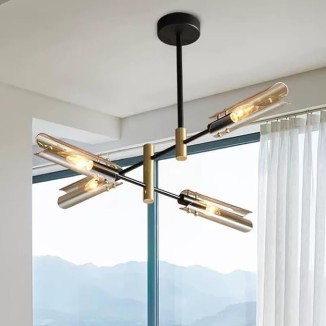 Modern Sputnik Chandelier, Black and Gold Semi Flush Mount Ceiling Light Fixture with Tube Glass Shade, Rotatable Mid Century Metal Ceiling Chandeliers for Bedroom Living Room Kitchen