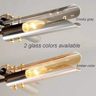 Modern Sputnik Chandelier, Black and Gold Semi Flush Mount Ceiling Light Fixture with Tube Glass Shade, Rotatable Mid Century Metal Ceiling Chandeliers for Bedroom Living Room Kitchen