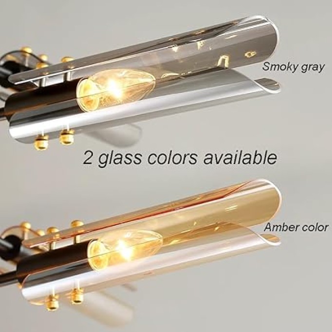 Modern Sputnik Chandelier, Black and Gold Semi Flush Mount Ceiling Light Fixture with Tube Glass Shade, Rotatable Mid Century Metal Ceiling Chandeliers for Bedroom Living Room Kitchen