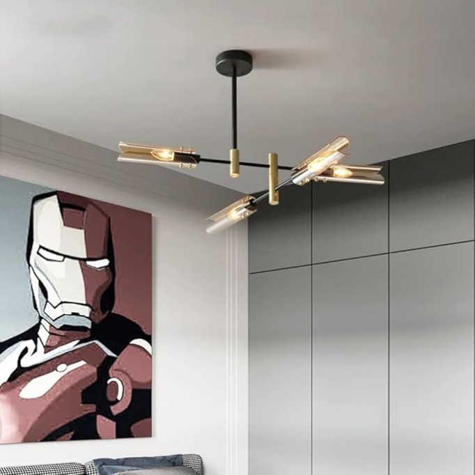 Modern Sputnik Chandelier, Black and Gold Semi Flush Mount Ceiling Light Fixture with Tube Glass Shade, Rotatable Mid Century Metal Ceiling Chandeliers for Bedroom Living Room Kitchen